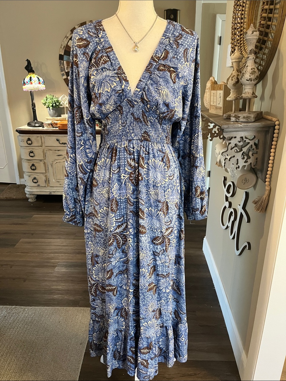 Japna Blue Floral V-Neck Maxi Dress with Brown Accents